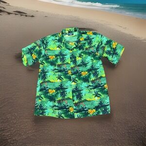 Pacific Co Hawaiian Shirt Green Mens Medium Beach Palm Trees Aloha‎ Floral